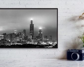 Chicago Skyline B&W Wall Art Print - Downtown Chicago Black and White - Illinois Urban Cityscape Scene Architecture