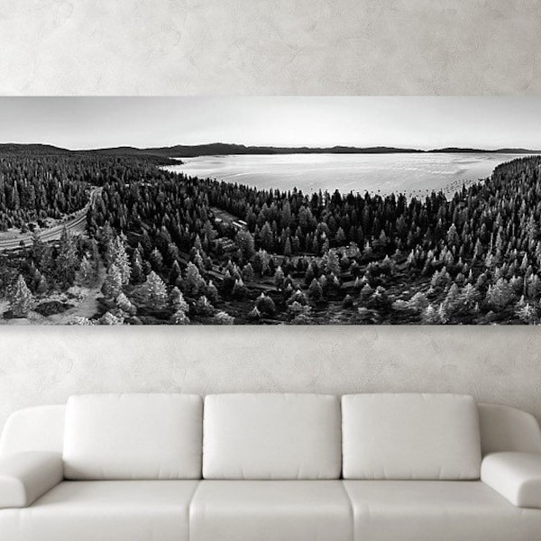 Lake Tahoe California Panorama, Mountain Landscape, Panoramic Print, Sierra Nevada, Large Wall Art, Black White, Monochrome Prints, Aerial