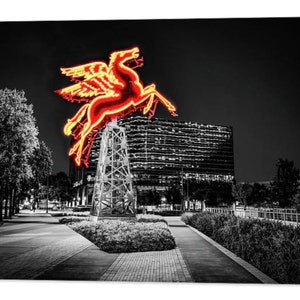 Dallas Texas Pegasus, Black White, Red, Downtown, Selective Color, Neon Sign, Skyline, Architectural, Urban, Cityscape, Contrast