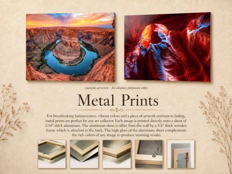 May include: Two rectangular metal prints featuring landscape photography of Horseshoe Bend and a canyon interior. The text reads Metal Prints and includes descriptive details about the 1/16 inch thick aluminum and 3/4 inch wooden frame construction.