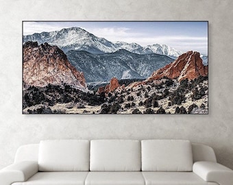 Colorado Springs, Pikes Peak Mountain, Panoramic Print, Garden of the Gods, Landscape Decor, Nature Photography, Large Wall Art