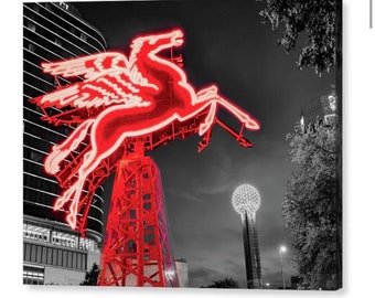 Dallas Flying Red Pegasus, Reunion Tower, Dusk, Selective Color Decor, Black White, Skyline Photos, Texas Wall Art, Cityscape, Omni Hotel