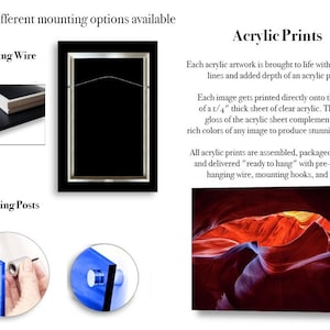 May include: An informational graphic about acrylic prints featuring two mounting options: hanging wire and mounting posts. The text describes printing on 1/4 inch thick clear acrylic sheets, showing a canyon landscape image as an example.