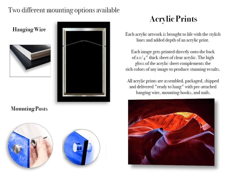 May include: An informational graphic about acrylic prints featuring two mounting options: hanging wire and mounting posts. The text describes printing on 1/4 inch thick clear acrylic sheets, showing a canyon landscape image as an example.