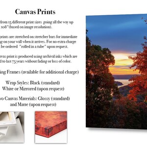 May include: A canvas print featuring a sunset landscape with orange and red autumn trees framing a lake. The text includes Canvas Prints, Floating Frames, Wrap Styles: Black, White or Mirrored, and Two Canvas Materials: Glossy and Matte.