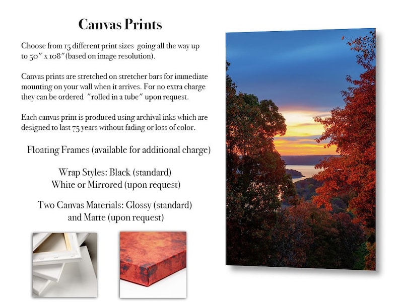 May include: A canvas print featuring a sunset landscape with orange and red autumn trees framing a lake. The text includes Canvas Prints, Floating Frames, Wrap Styles: Black, White or Mirrored, and Two Canvas Materials: Glossy and Matte.