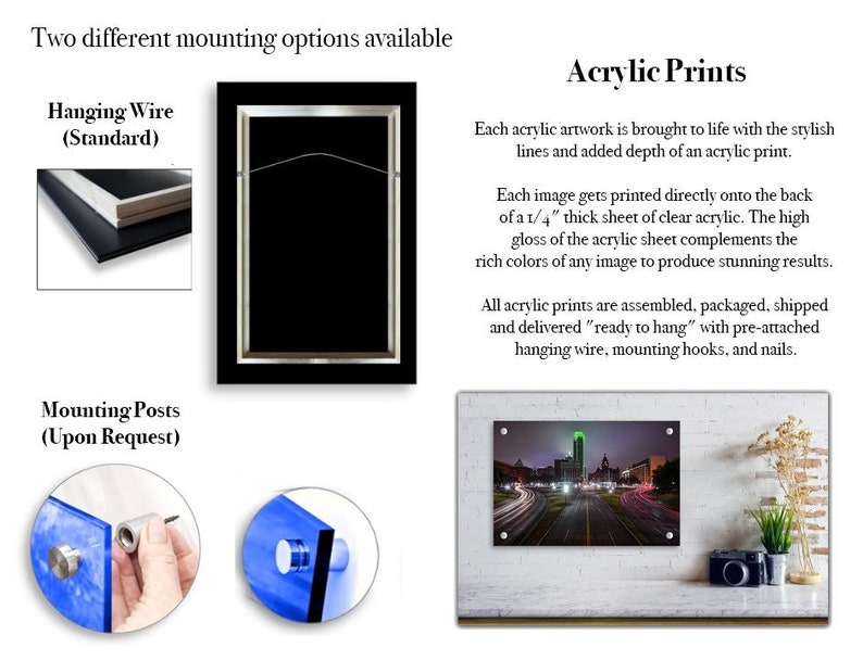 May include: Two different mounting options for acrylic prints. The first option shows a hanging wire attached to the back of a black frame. The second option shows a close-up of a silver mounting post attached to a blue acrylic print.