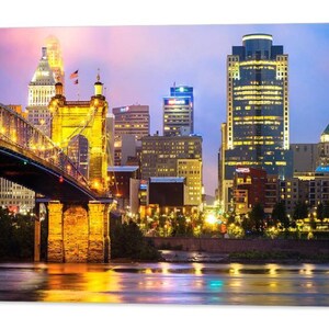 Cincinnati Skyline Art Print, John Roebling Bridge, Wall Decor, Ohio River Art, Architectural Cityscape, Cincinnati Ohio Wall Art, Colorful