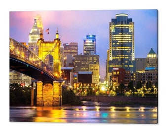 Cincinnati Skyline Art Print: Roebling Bridge, Ohio River Cityscape