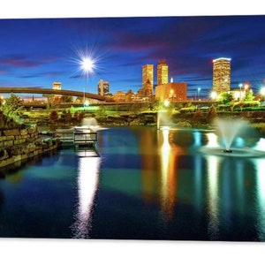 Tulsa Skyline Art Print: Centennial Park Lake, Oklahoma Home Decor