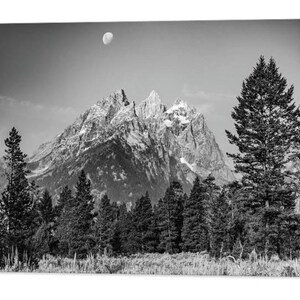 Grand Teton Mountain Print: Black and White Landscape, Moon Over Peaks