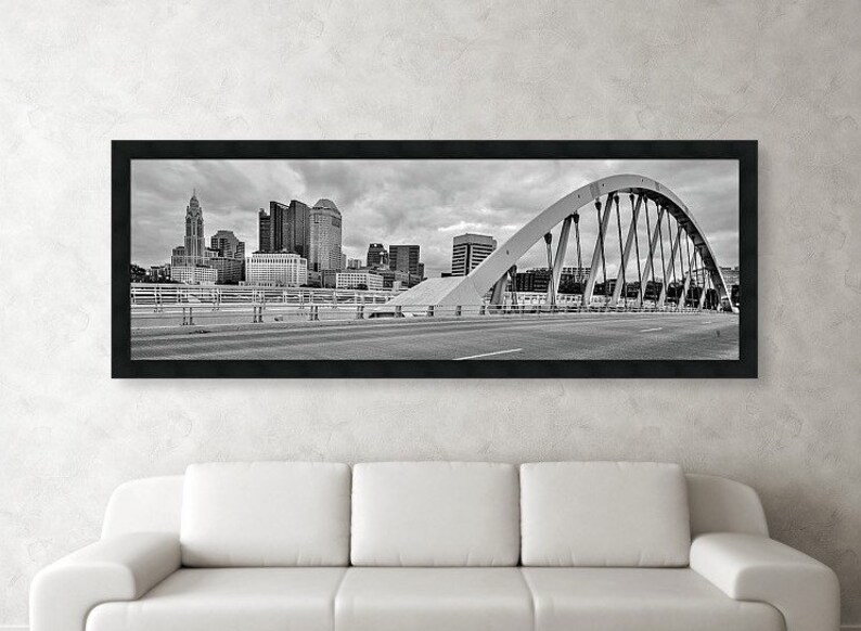 Main Street Bridge Monochrome Columbus Skyline Capital City Print BW Panoramic Art Ohio Cityscape Black and White Panorama Artwork