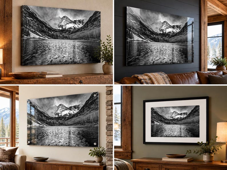 May include: A black and white landscape wall art print featuring a mountain range reflected in a calm lake. The image captures jagged peaks, a dense forest, and rippling water, presented in various display styles including framed and acrylic.