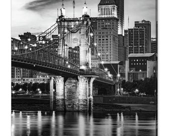 Cincinnati Skyline Print: Roebling Bridge, Ohio River, Black and White Photography