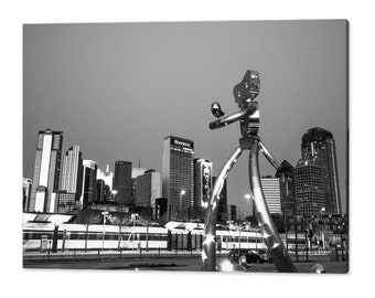 Dallas Texas Skyline Print: Traveling Man Statue, Black and White Art