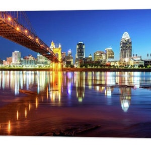 Cincinnati Skyline Print, Ohio River Reflections, Downtown Cincinnati Skyline, John Roebling Bridge, Ohio Architecture, Cityscape Decor
