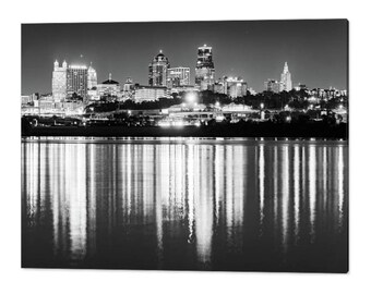 Kansas City Skyline, Kaw Point Park View, Architectural Decor, Black and White Missouri, Reflecting Cityscape, Downtown, Monochrome