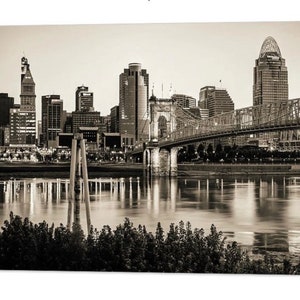 Cincinnati Skyline Sepia Print: Roebling Bridge, Ohio River Art