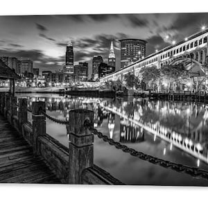 Cleveland Skyline Print: Cuyahoga River, Terminal Tower, BW Photography