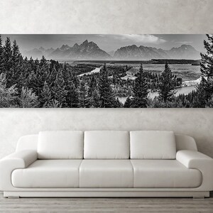 Grand Teton National Park Print: Snake River Overlook, Black and White Panorama