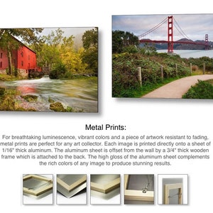 May include: Two metal prints showcasing vibrant colors and high gloss finishes. The first print features a red mill with a flowing stream, while the second print depicts the Golden Gate Bridge with a path leading to it.