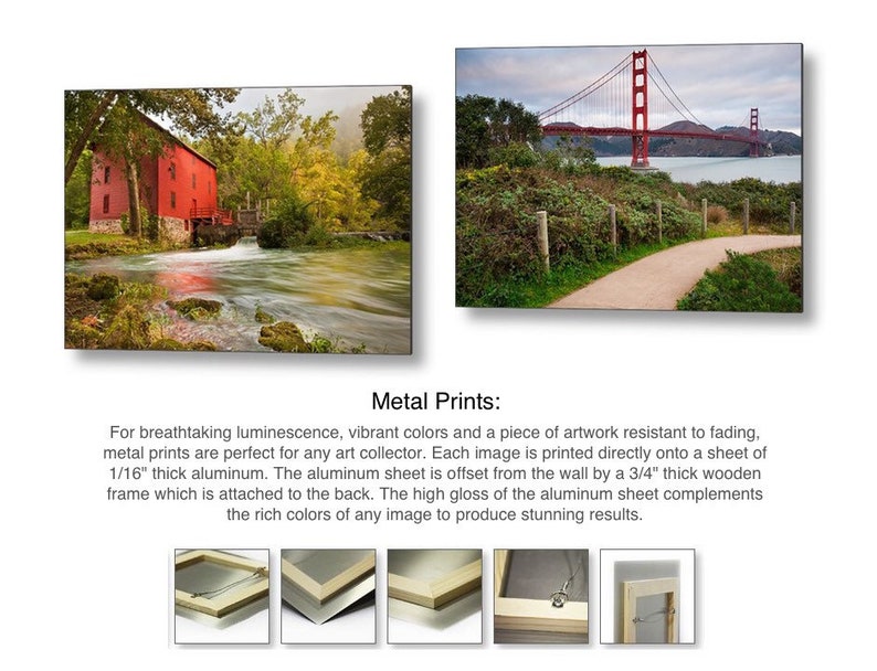 May include: Two metal prints showcasing vibrant colors and high gloss finishes. The first print features a red mill with a flowing stream, while the second print depicts the Golden Gate Bridge with a path leading to it.