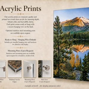 May include: An acrylic print featuring a mountain landscape reflected in a lake, surrounded by pine trees. The image includes text detailing product features, a hanging wire, polished acrylic edges, and optional stainless steel mounting posts.