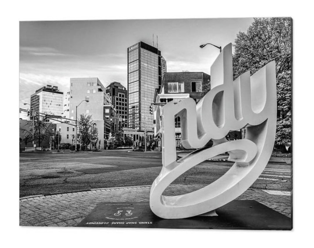 Indianapolis Skyline, Visit Indy Script Sign Sculpture, Downtown, Black