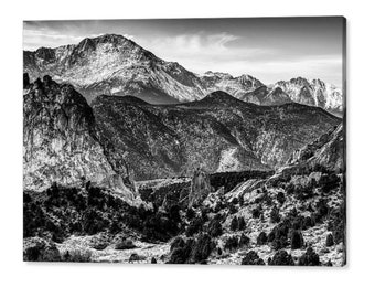 Pikes Peak Monochrome, Rocky Mountain Landscape, Black and White, Colorado Springs, Garden of the Gods, Mountain Peaks, Rustic Prints