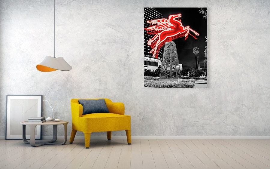 Dallas Red Pegasus Neon Sign Print: Selective Color Pop, Reunion Tower ...