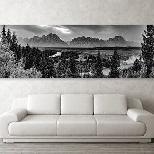 Grand Teton National Park Print: Snake River Overlook, Black and White Panorama