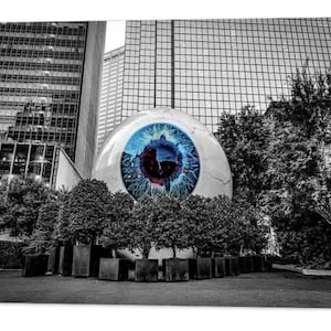 Dallas Texas, Selective Blue Color, Black and White, The Eye, Architectural Decor, Downtown, Large Eye, Occulus Sculpture, Iconic Landmark