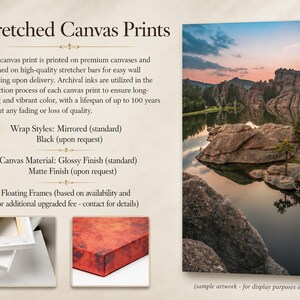 May include: A vertical stretched canvas print featuring a landscape of rocky formations reflecting in a calm lake at sunset. The image includes text detailing product specifications like archival inks, wrap styles, and canvas finish options.