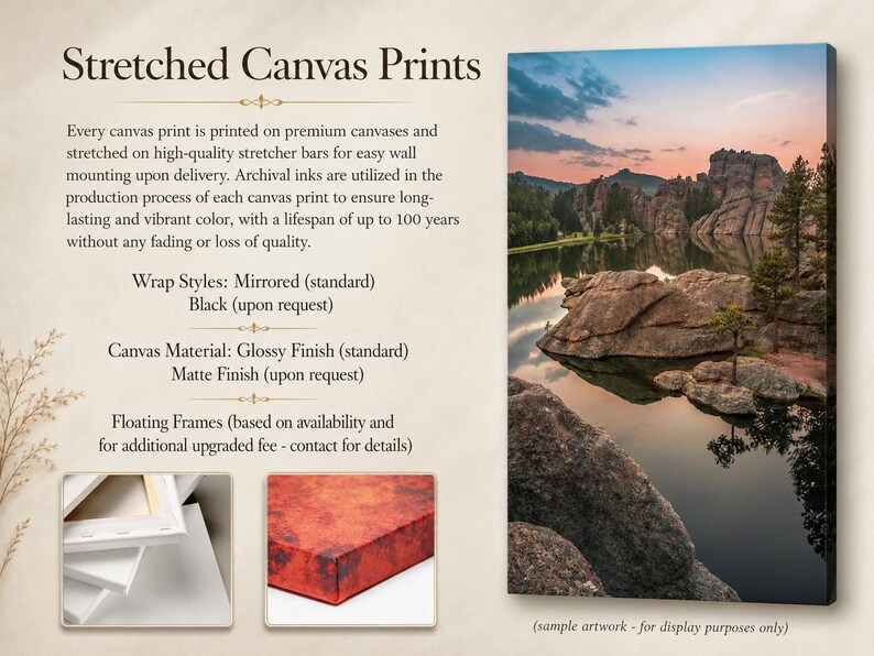 May include: A vertical stretched canvas print featuring a landscape of rocky formations reflecting in a calm lake at sunset. The image includes text detailing product specifications like archival inks, wrap styles, and canvas finish options.