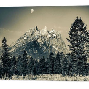 Grand Teton Sepia Print: Wyoming Mountain Landscape, Moon Art