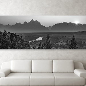 Grand Tetons Print: Snake River Overlook, Black and White Panorama