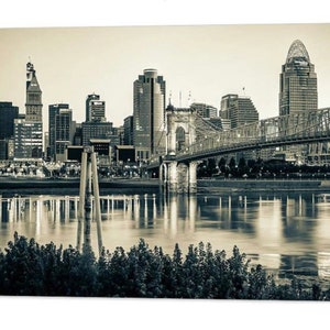 Cincinnati Skyline Print: Sepia Roebling Bridge, Ohio River Art