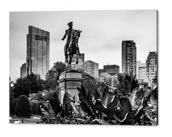 Boston Public Garden Print: Washington Statue & Skyline, Black and White