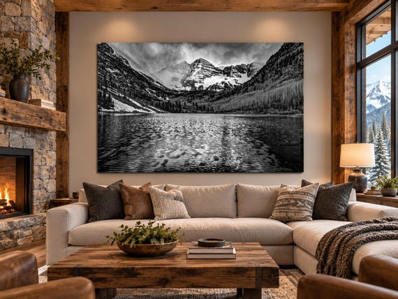 Maroon Bells Print: Aspen Colorado Mountain Landscape, Black and White Art