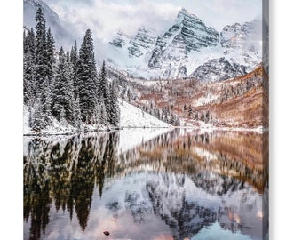 Maroon Bells Mountain Peaks, Autumn Snow, Aspen Colorado, Nature Decor, Landscape Artwork, Rustic Photography, Fall Foliage