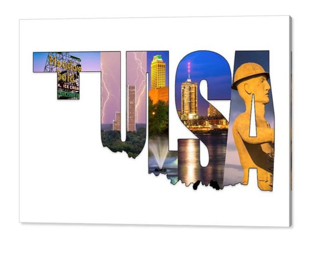 Tulsa Typography, Oklahoma State Shape, Art Print, Tulsa Landmarks