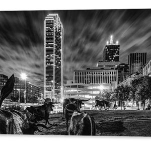 Dallas Texas Skyline, Longhorn Cattle Drive Sculptures, Monochrome Decor, Dallas Texas Print, Black and White, Pioneer Plaza, Cityscape Art