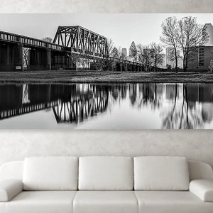 Dallas Skyline Panorama, Monochrome Print, Trinity River Trail, Dallas Texas Panoramic, Cityscape Art, Black and White, Architectural Decor