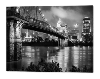 Cincinnati Skyline Print: Roebling Bridge, Ohio River, Black and White Cityscape