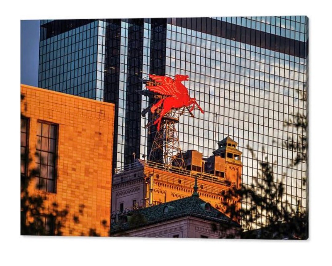 Dallas Texas Red Pegasus Neon Sign Print: Magnolia Building Skyline ...