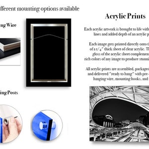 May include: Two different mounting options for acrylic prints. The first option shows a hanging wire attached to the back of a black framed print. The second option shows a close-up of a blue acrylic print with two mounting posts attached to the back.
