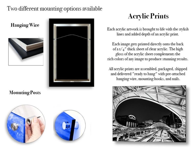 May include: Two different mounting options for acrylic prints. The first option shows a hanging wire attached to the back of a black framed print. The second option shows a close-up of a blue acrylic print with two mounting posts attached to the back.