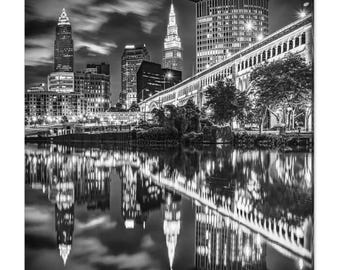Cleveland Skyline Print: Cuyahoga River Black and White Photography