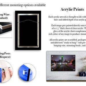 May include: Two different mounting options for acrylic prints. The first option shows a hanging wire attached to the back of a black frame. The second option shows a close-up of a silver mounting post attached to a blue acrylic print.