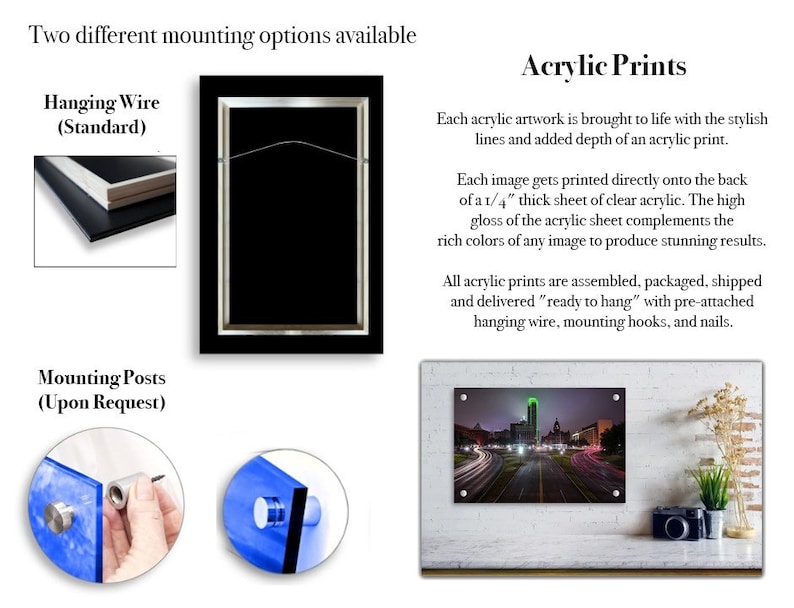 May include: Two different mounting options for acrylic prints. The first option shows a hanging wire attached to the back of a black frame. The second option shows a close-up of a silver mounting post attached to a blue acrylic print.